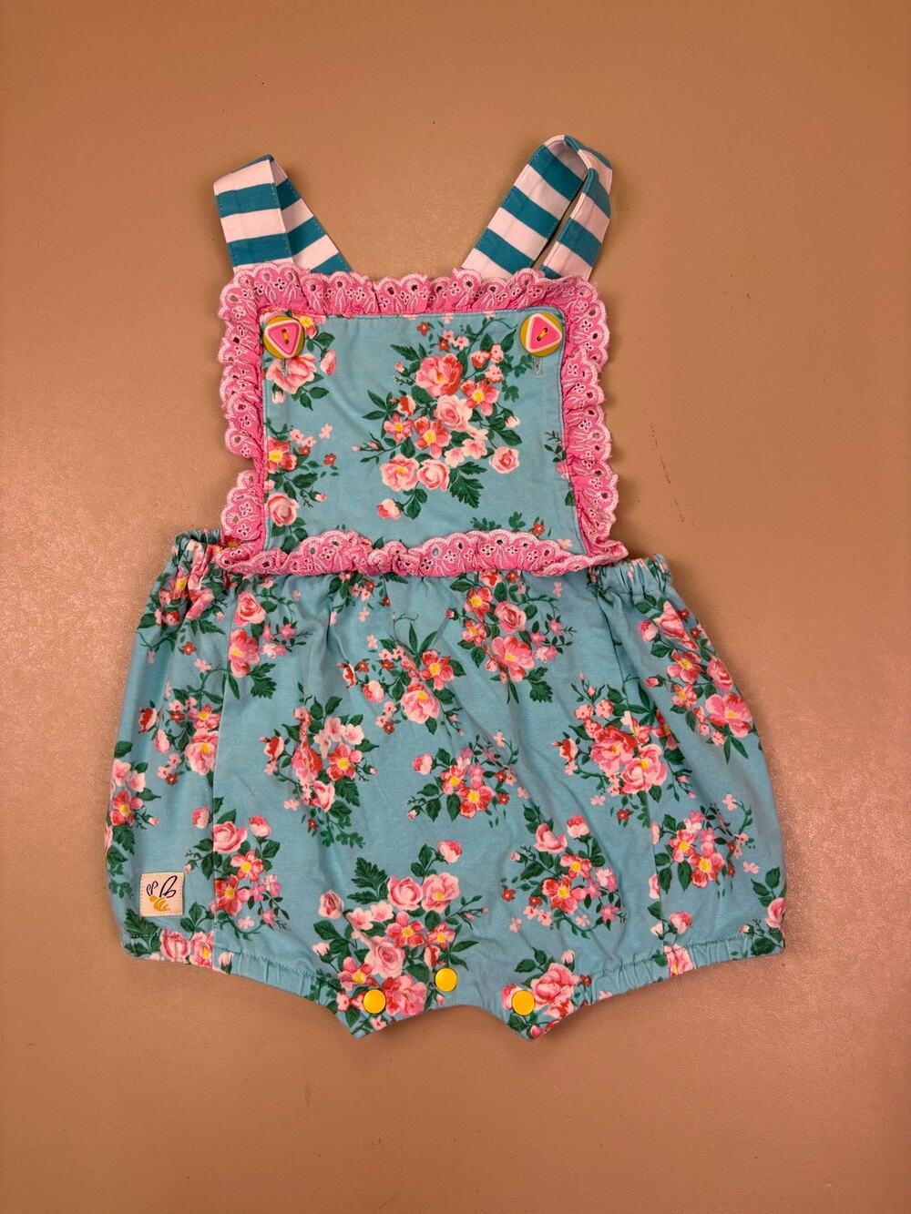 Wild Flowers Girls 2T Floral Romper Overalls Blue Pink Lace Striped Boho EUC